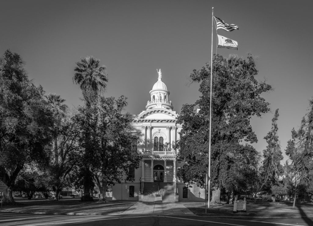 Merced County Courthouse Museum - Merced, California, USA in black white