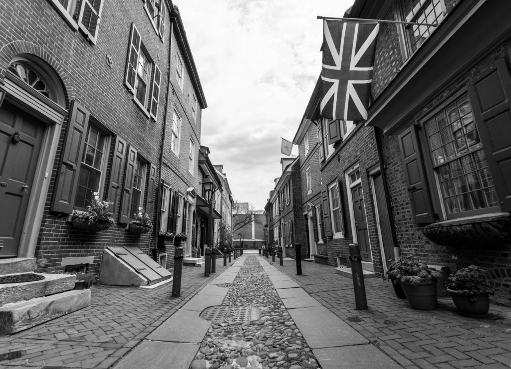 Elfreths Alley in philadelphia, Pennsylvania in spring in black white