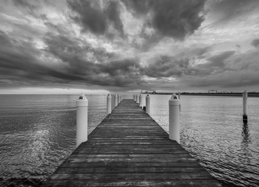 Hemingway Pier Next to the Bay Bridge outside of Annapolis Maryland at Sunset in black white