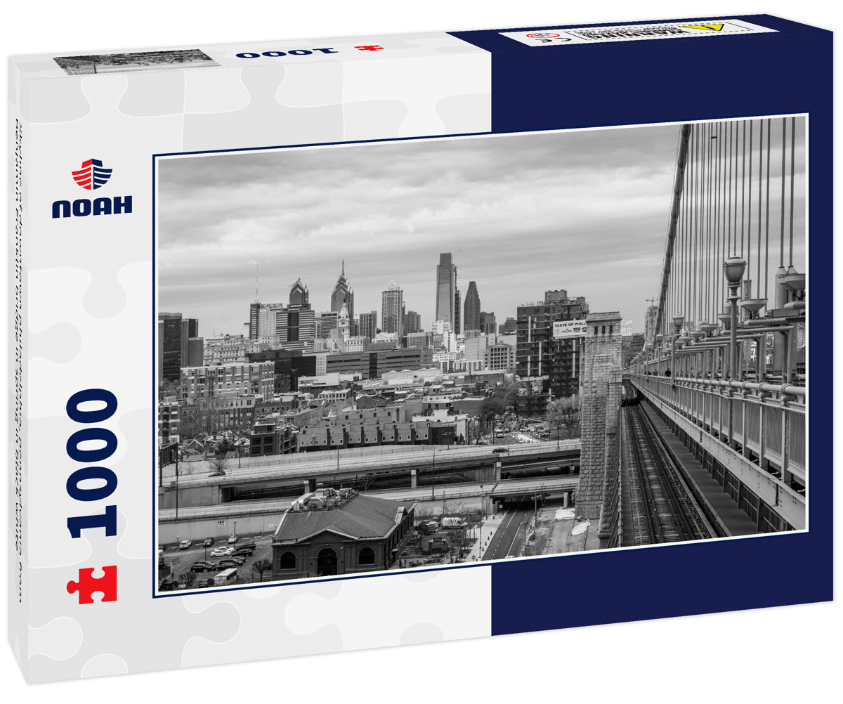 Skyline of downtown philadelphia, pennsylvania from Benjamin Franklin bridge in spring in black white