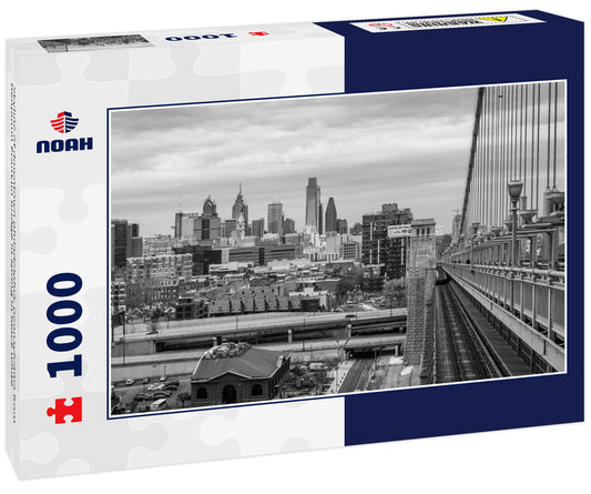 Skyline of downtown philadelphia, pennsylvania from Benjamin Franklin bridge in spring in black white