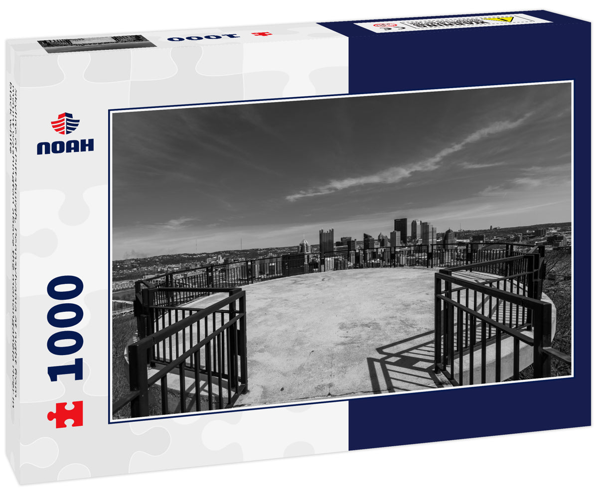 Skyline of Pittsburgh, Pennsylvania at night from mount washington above the monongahela river in black white