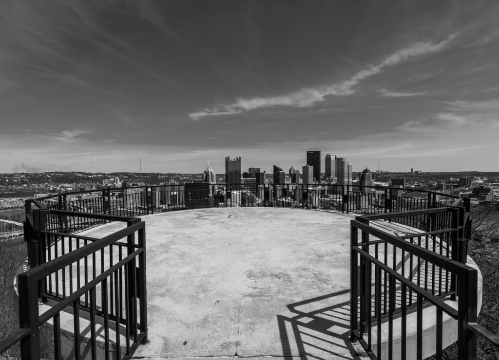 Skyline of Pittsburgh, Pennsylvania at night from mount washington above the monongahela river in black white