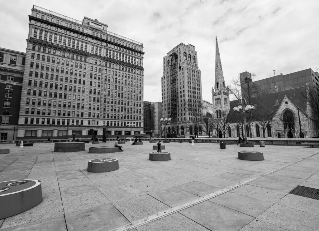 Thomas paine plaze in center city philadelphia, pennsylvania during spring, Pennsylvania in black white