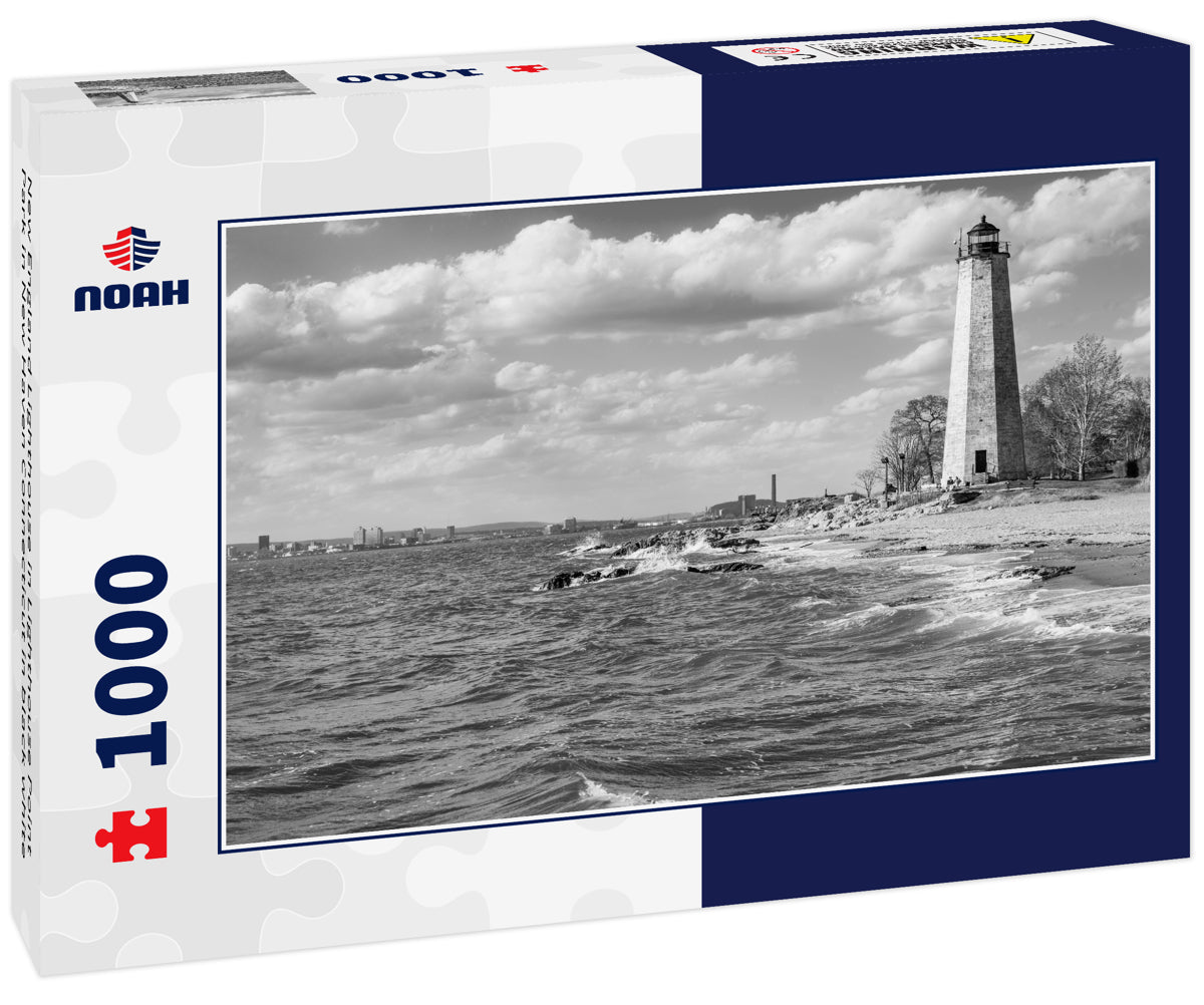 New England Lighthouse in Lighthouse Point Park in New Haven Connecticut in black white