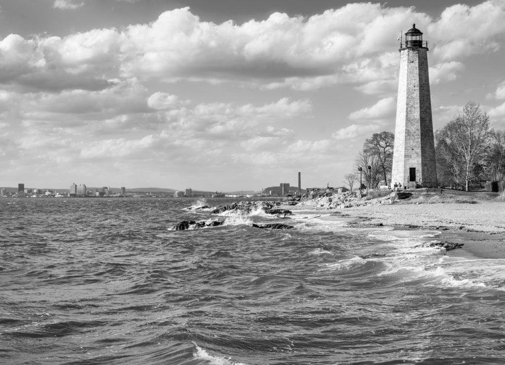 New England Lighthouse in Lighthouse Point Park in New Haven Connecticut in black white