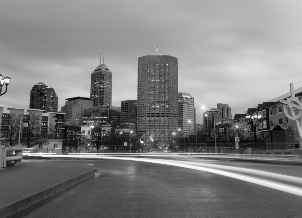 Indianapolis Indiana Capital City Marion County Downtown Skyline in black white