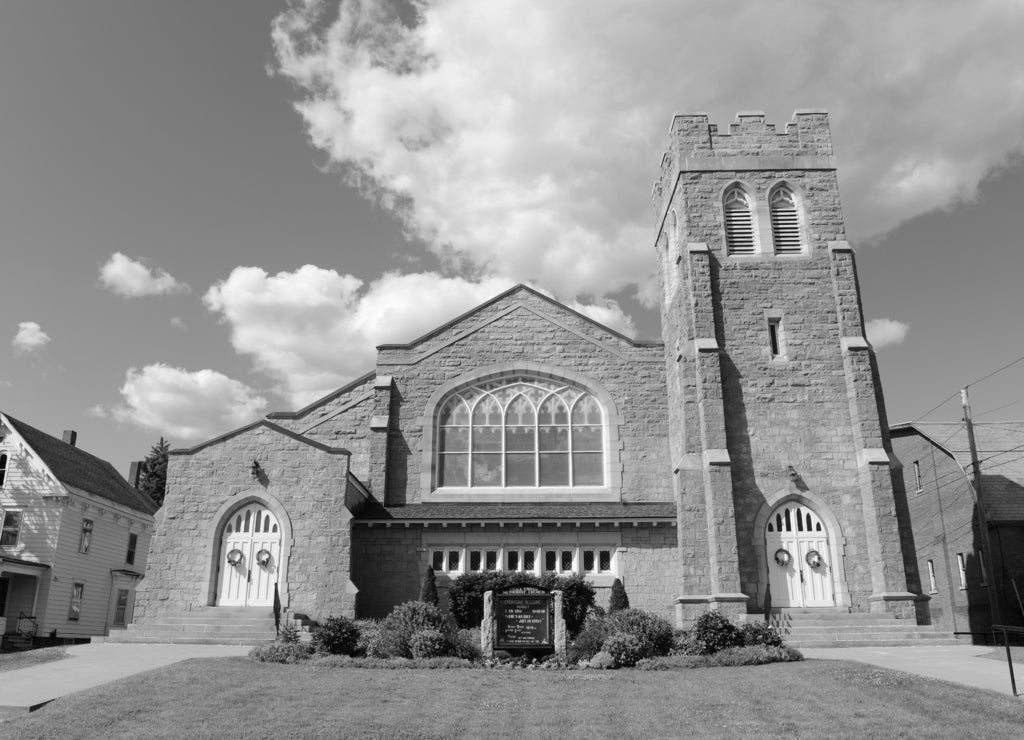 Grace United Methodist Church in downtown St. Johnsbury, Vermont, USA in black white