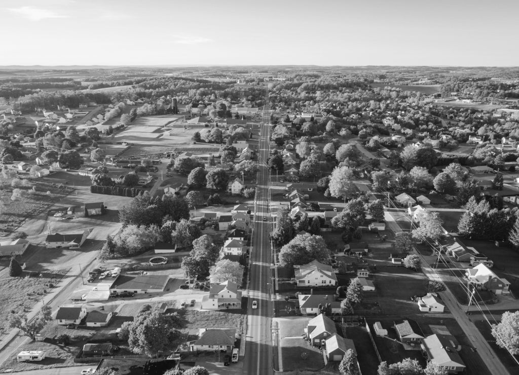 View of Main Street in Shrewsbury, Pennsylvania in black white