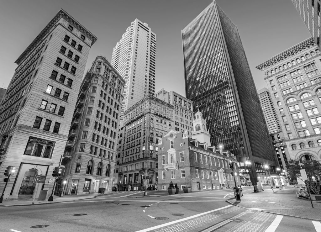 Boston Massachusetts, Old State House and cityscape in black white