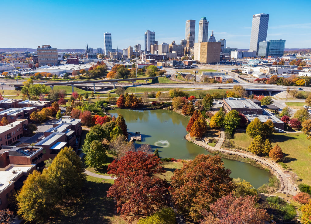 Aerial view of the downtown cityscape and fall color of Veterans Park, Tulsa Oklahoma