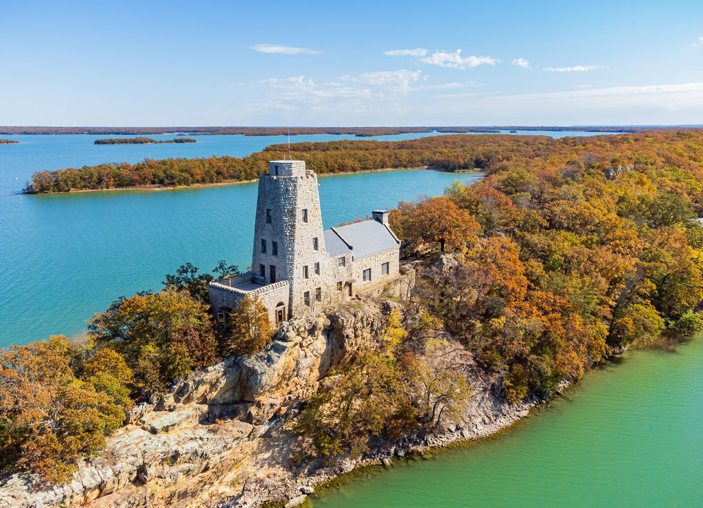 Aerial view of the Tucker Tower of Lake Murray State Park Oklahoma