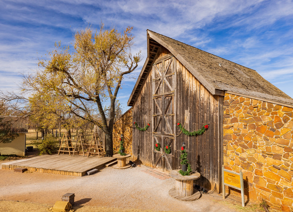 Barn door with christmas decoration in Harn Homestead landmark Oklahoma