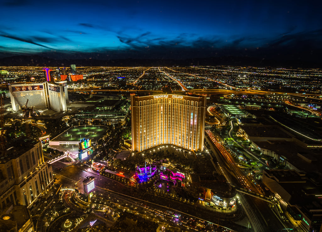 Las Vegas skyline at sunset - The Strip - Aerial view of Las Vegas Boulevard Nevada