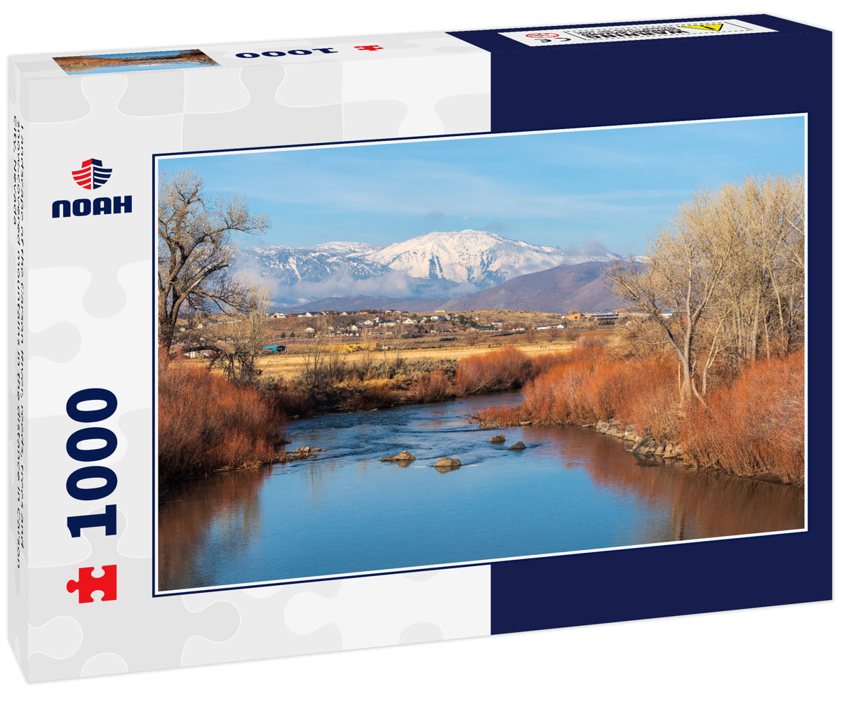 Landscape of the Carson River, reeds, trees and snow-covered mountains in the distance in Carson City, Nevada