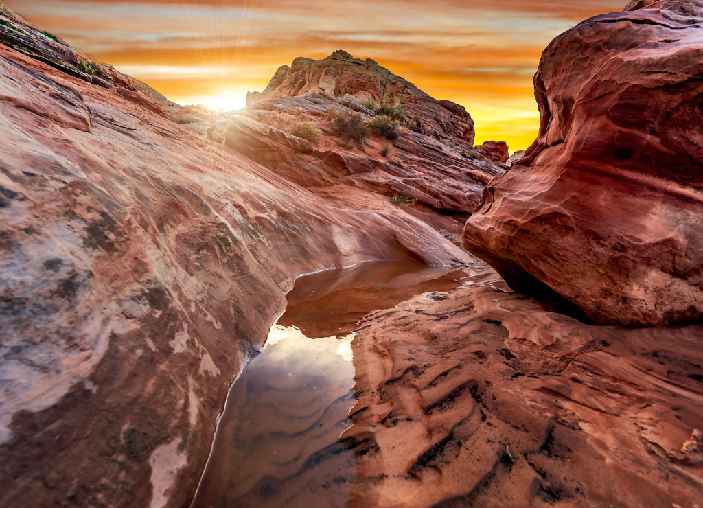 The mesmerizing red rock layers and formations of the desert landscape at the Valley of Fire State Park near Las Vegas, Nevada USA