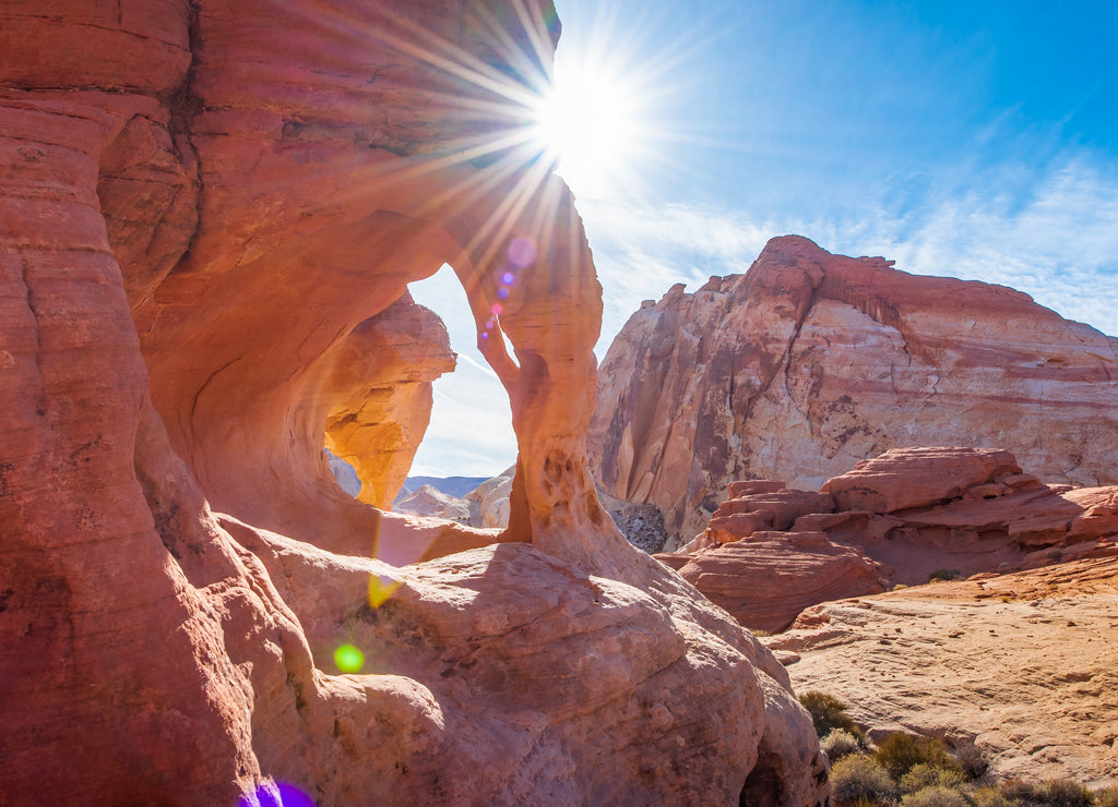 Valley of Fire red sandstone rock formation in the morning color reflection, Nevada