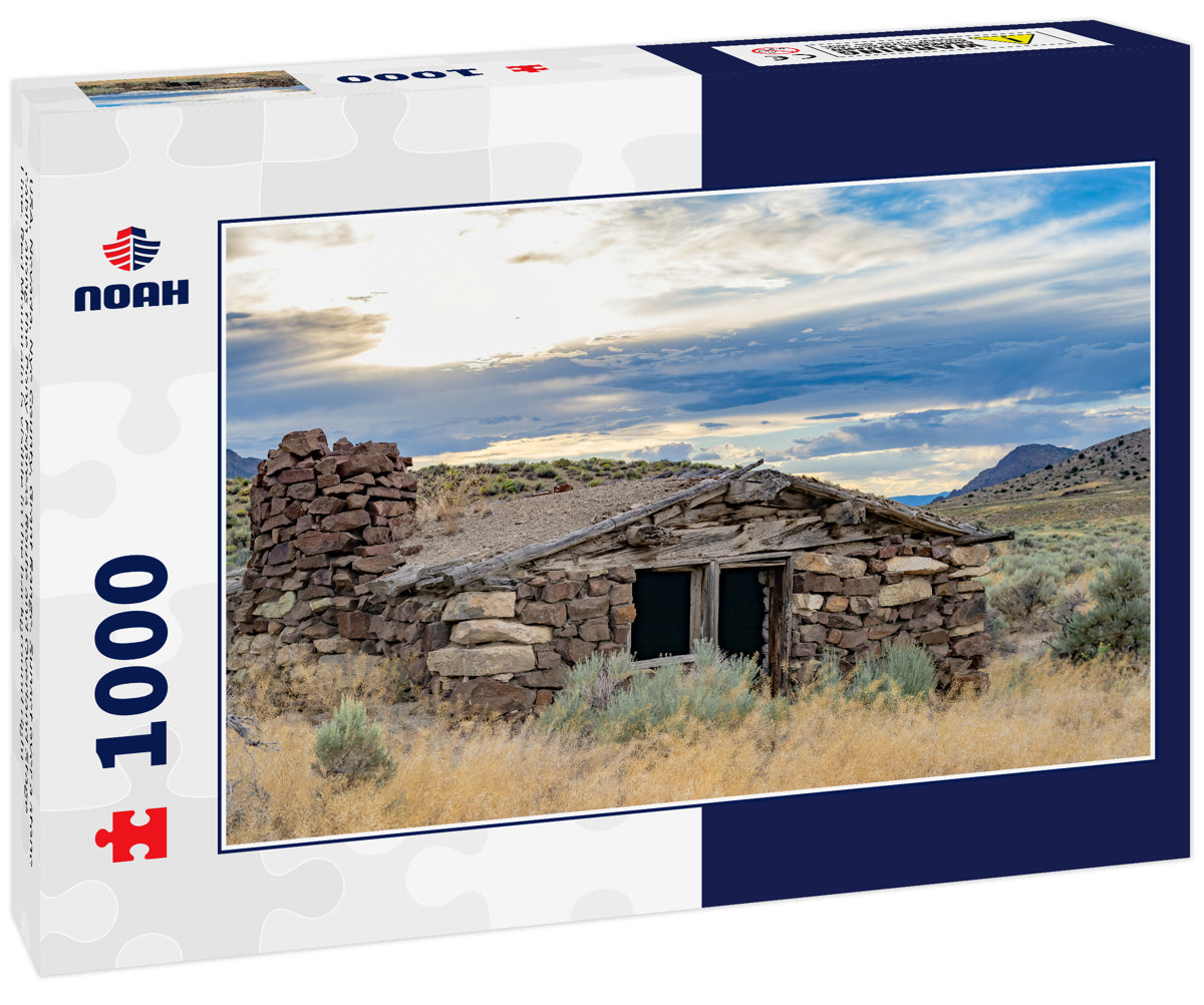 USA, Nevada, Nye County, Grant Range. Sunset over a stone cabin along the Pony Express Route and Overland Stage Line. Red Mountain is visible in the background right