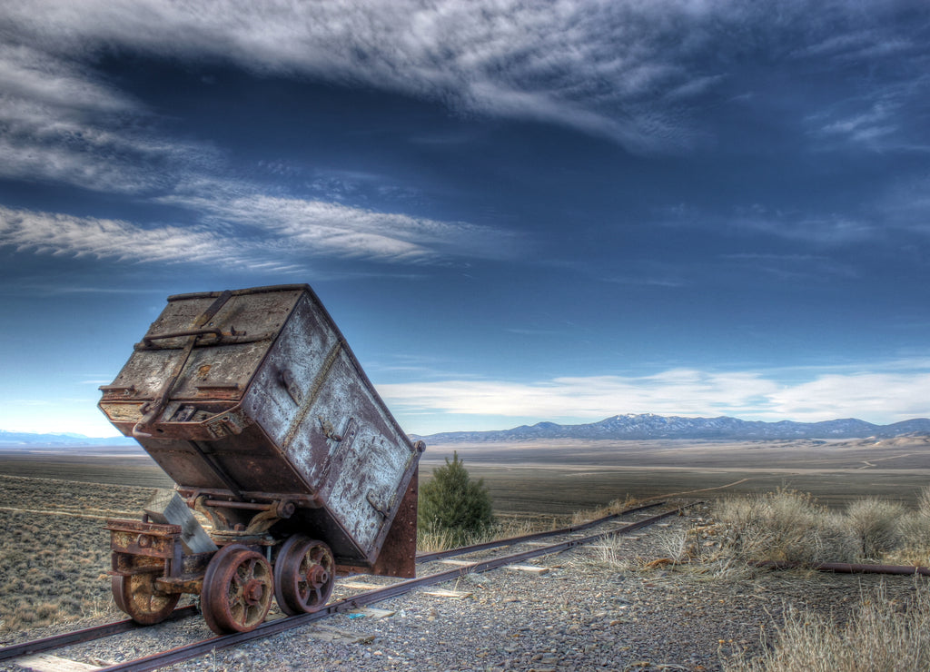 An old mining ore cart on tracks at Berlin, Nevada