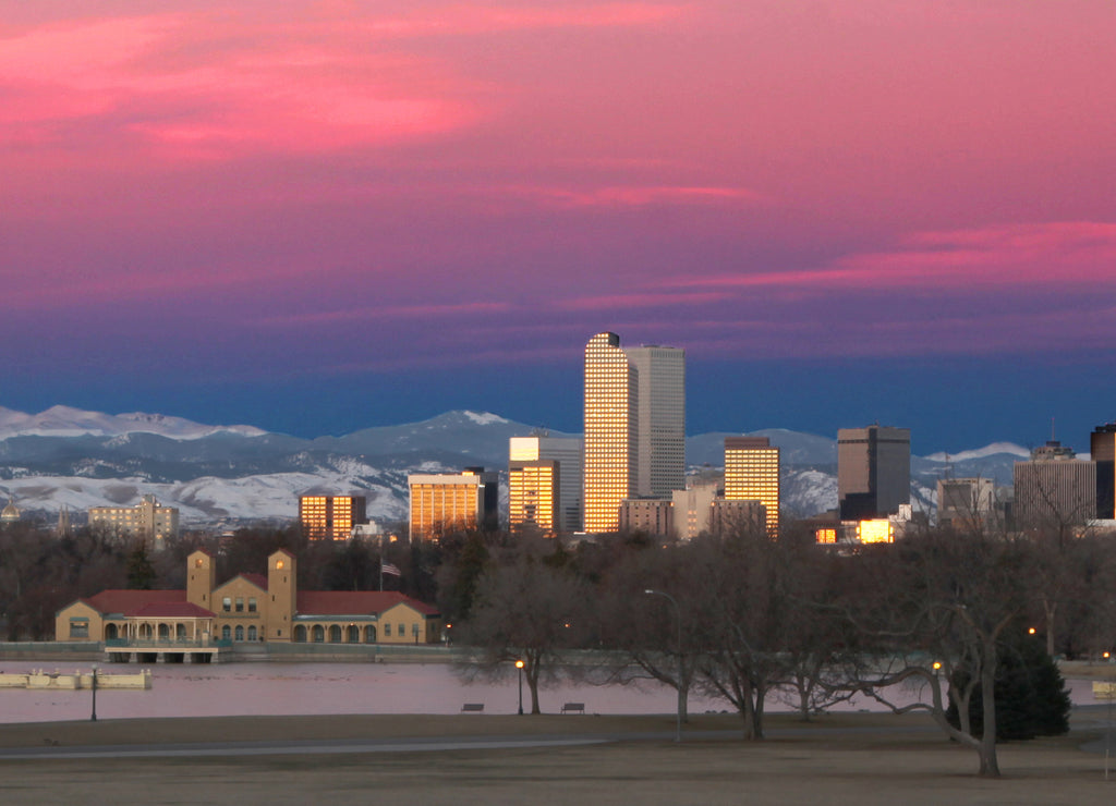 Denver Colorado and Rocky Mountain Skyline at Sunrise