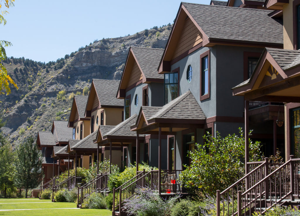 Line of condominiums in Durango, Colorado with Smelter Mountain behind