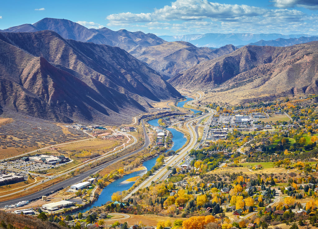 Aerial picture of Glenwood Springs valley in autumn, Colorado, USA