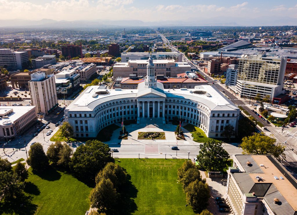 Colorado State Capitol and Denver cityscape aerial view