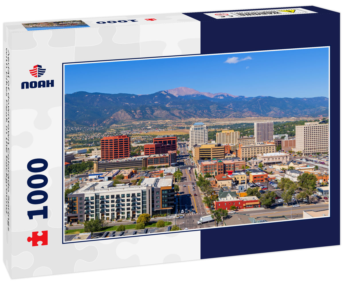 Aerial of downtown Colorado Springs with Pikes Peak in the background