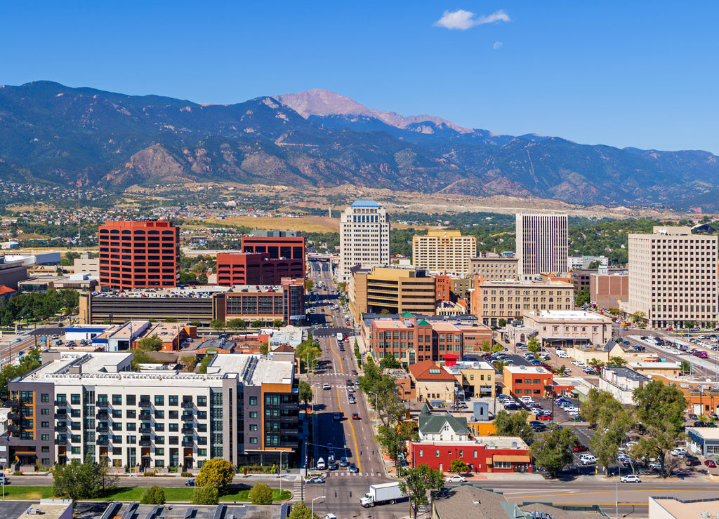 Aerial of downtown Colorado Springs with Pikes Peak in the background