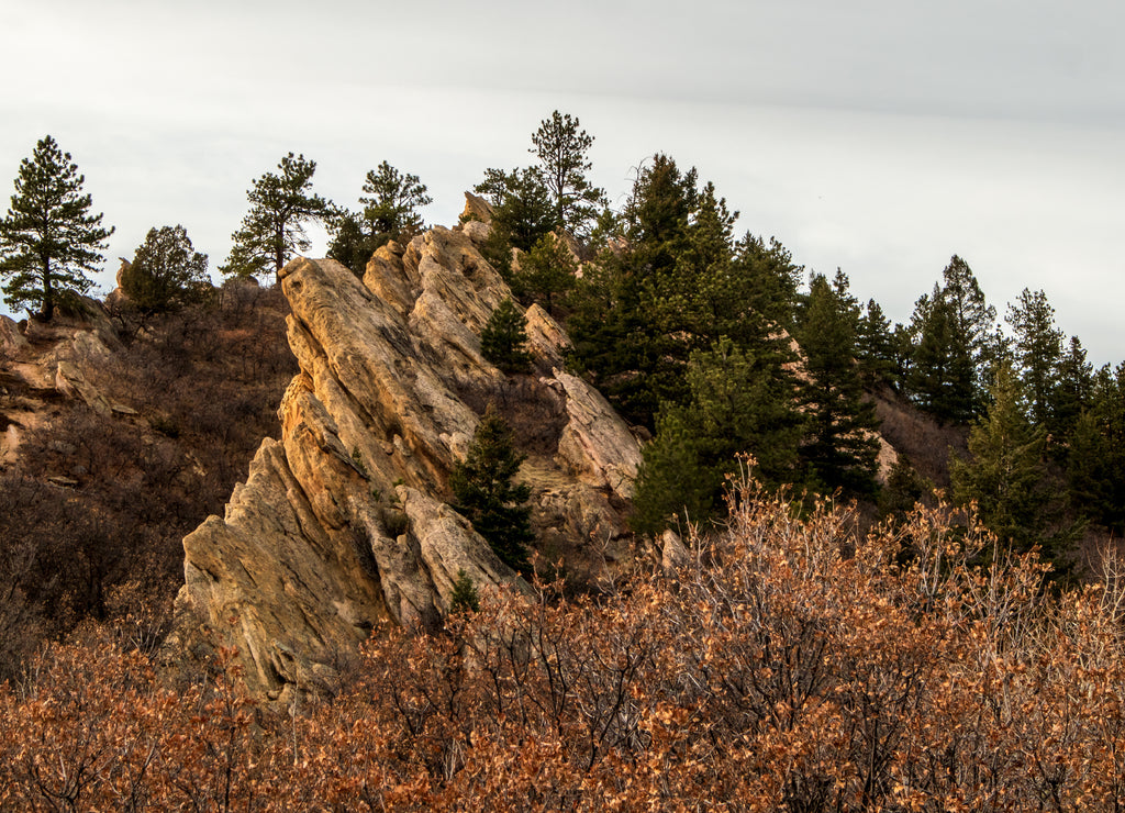 Beautiful red sandstone rock formation in Roxborough State Park, Denver, Colorado, at sunset