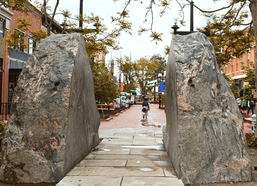 Boulder rock feature along Pearl Street Mall, a pedestrian mall in Boulder, Colorado. USA