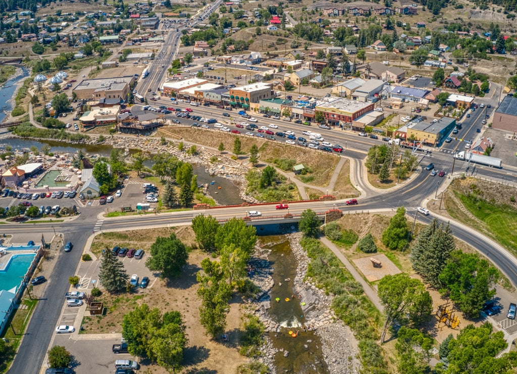 Aerial View of the Town of Pagosa Springs, Colorado which is famous with Tourists for its multiple Hot Springs