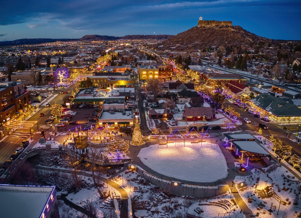 Aerial View of Castle Rock, Colorado with Christmas Lights at Dusk