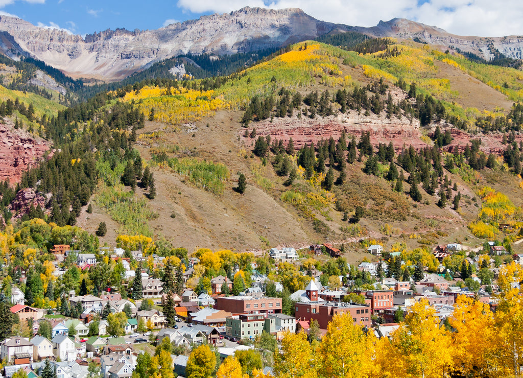 Autumn aerial view of Telluride in the San Juan mountains of southwestern Colorado, San Miguel County