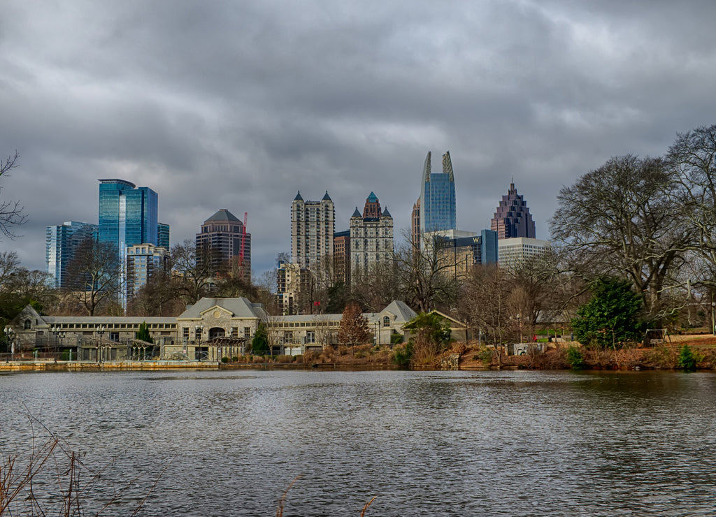 Skyline and reflections of midtown Atlanta, Georgia in Lake Meer