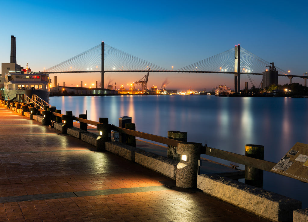 Talmadge Memorial Bridge from river walk along the Savannah River in Savannah, Georgia