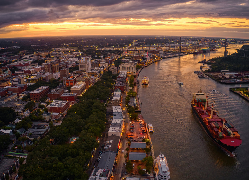 Aerial View of Downtown Savannah, Georgia during Sunset