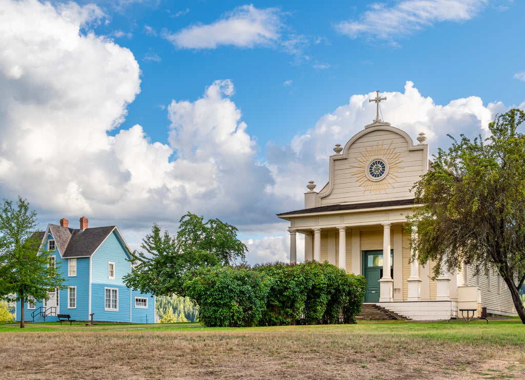 The Old Mission State Park in North Idaho, USA, preserving the Mission of the Sacred Heart, or Cataldo Mission historic Church and Parish House