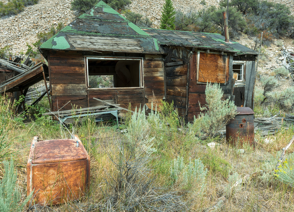 Abandoned Cabin and Rusty Refrigerator in Bayhorse Ghost Town, Idaho, USA