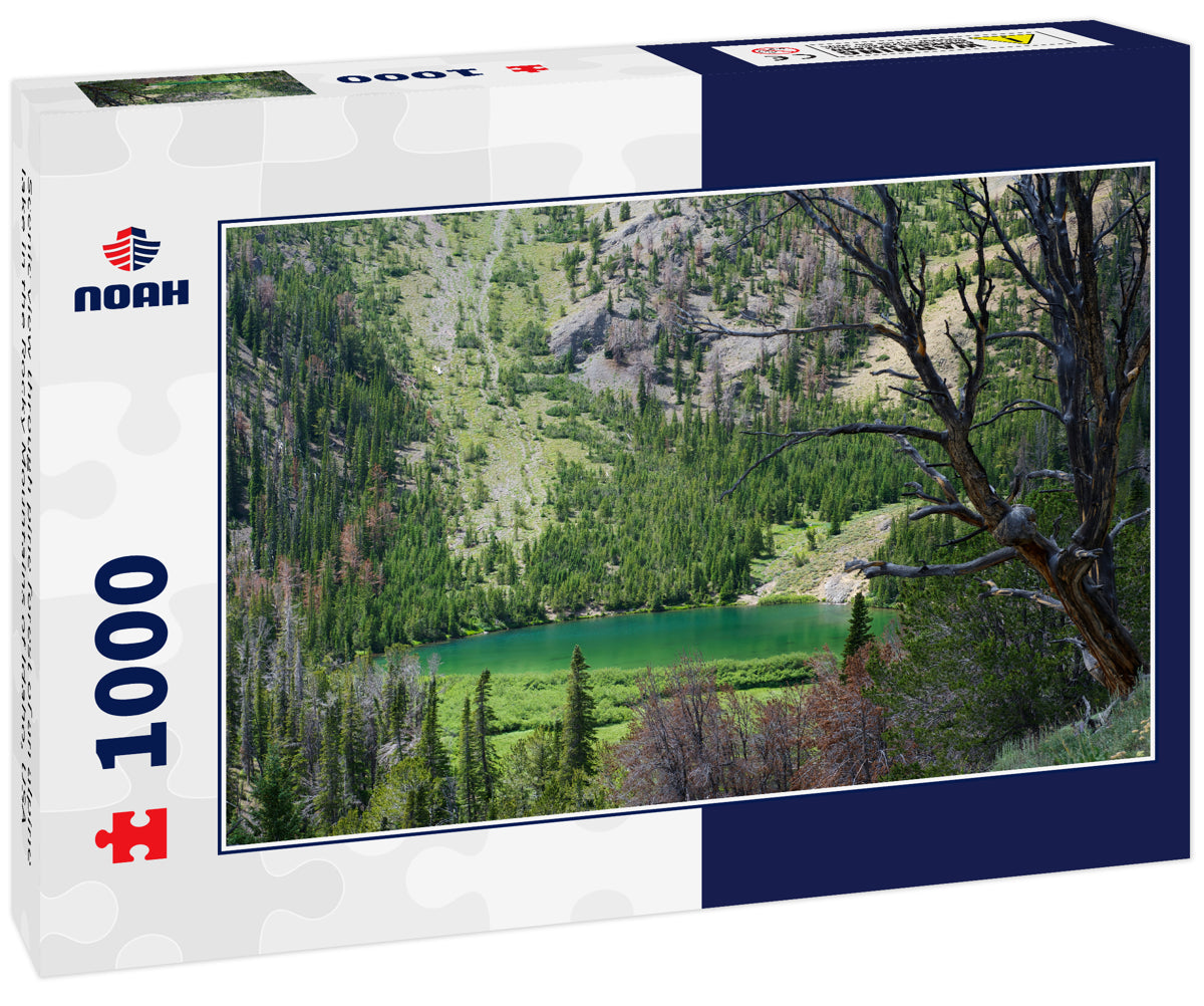 Scenic view through pine forest of an alpine lake in the Rocky Mountains of Idaho, USA