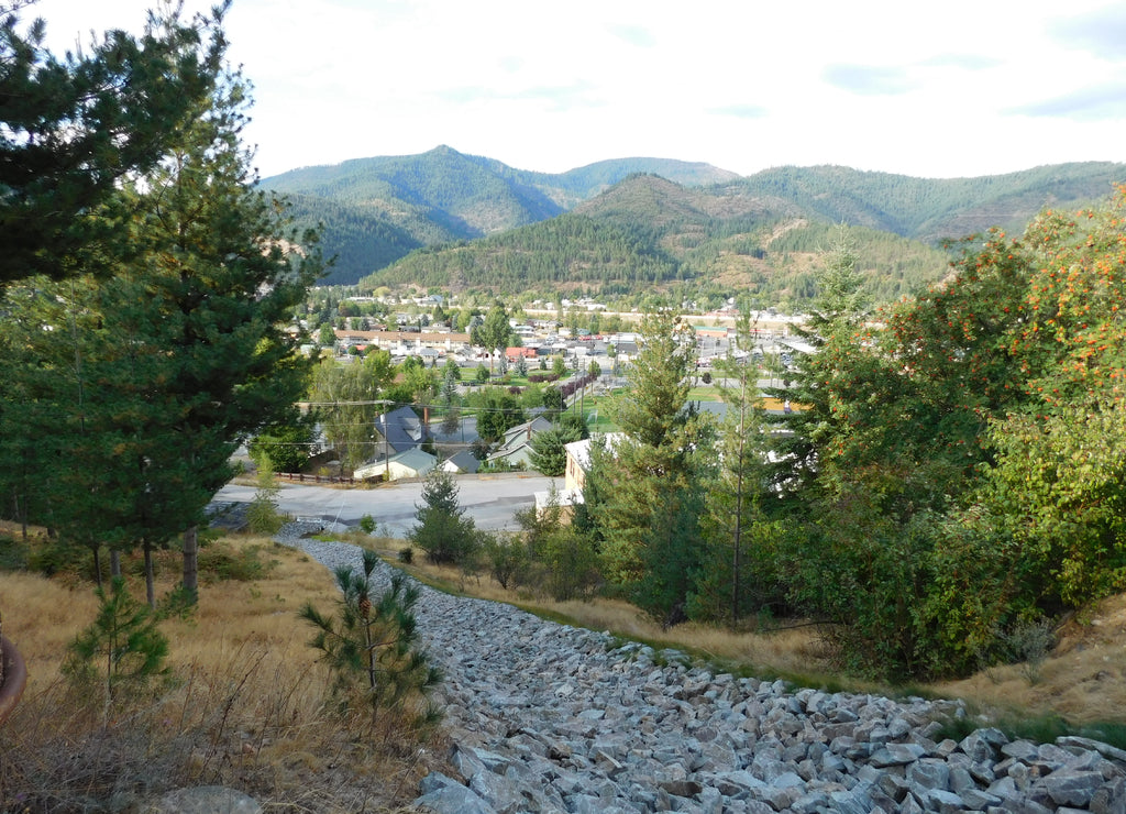 A rocky artificial riverbed leads to the north side of Kellogg, Idaho. Fed by melting snow in the spring, it is currently dry during Summer