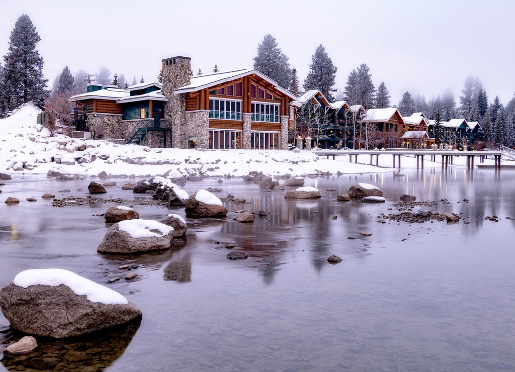 Hotel on the edge of an Idaho mountain lake in winter