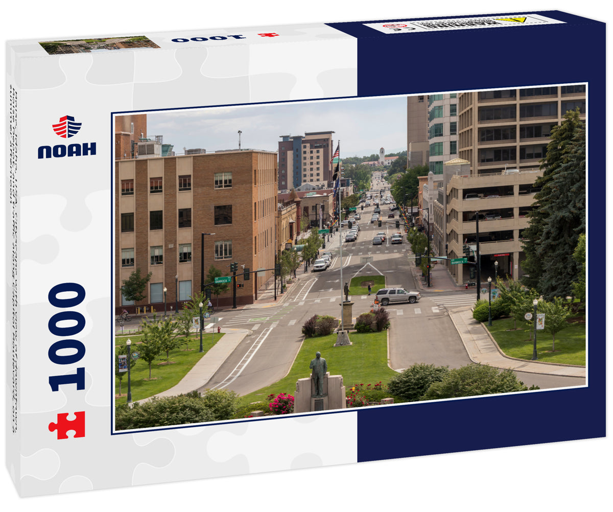 Boise, Idaho, USA. Cityscape with view of downtown, Boise Depot, and traffic along Capitol Boulevard, on a summer afternoon