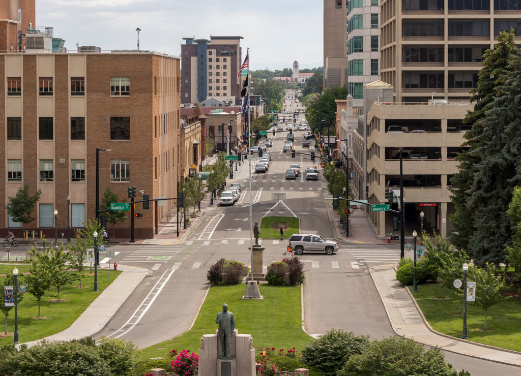 Boise, Idaho, USA. Cityscape with view of downtown, Boise Depot, and traffic along Capitol Boulevard, on a summer afternoon