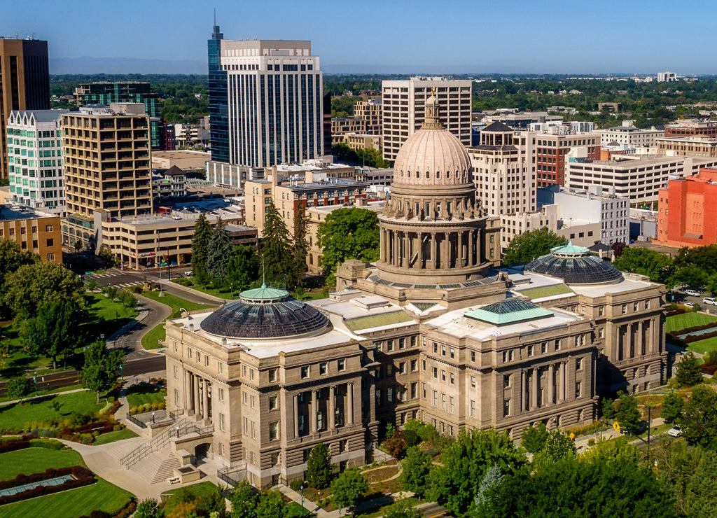 Aerial panoramic view of the Boise Idaho skyline in the morning