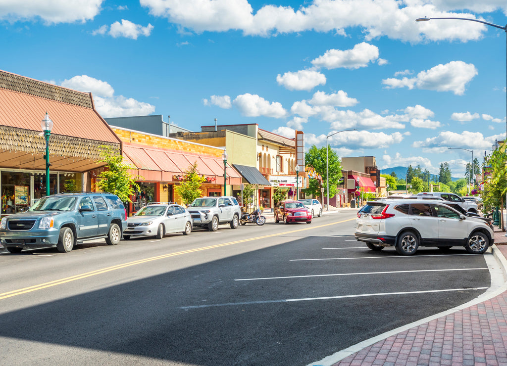 First Avenue, the main street through the downtown area of Sandpoint, Idaho, on a summer day