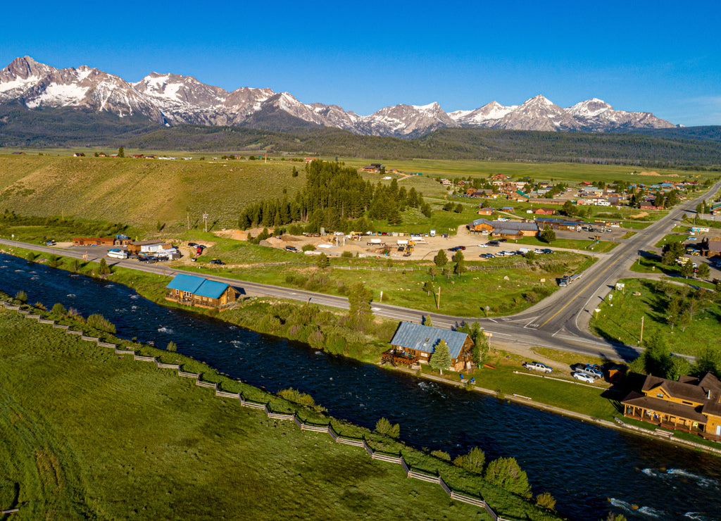 Aerial view of the famous high mountain town of Stanley Idaho with Sawtooth mountain range