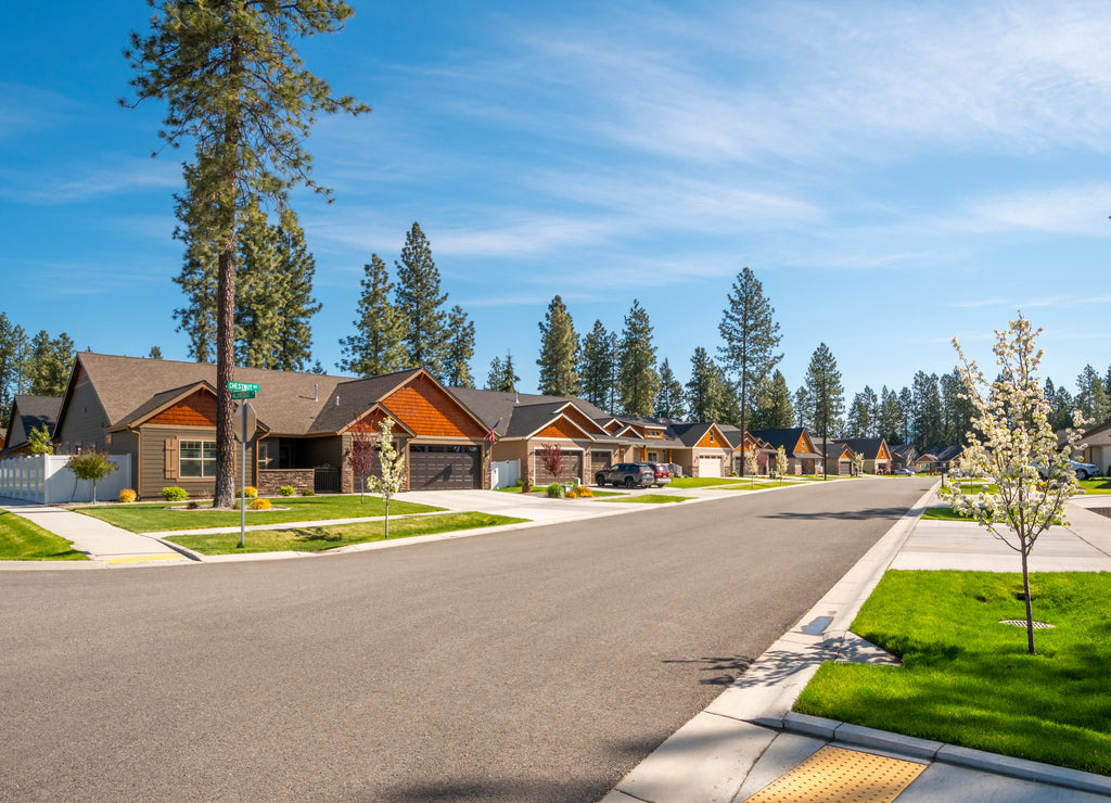 A neighborhood of new homes in a suburban community in the rural town of Coeur d'Alene, Idaho, USA