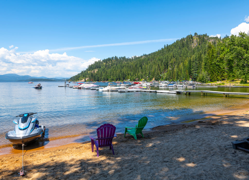 The lakefront resort with sandy beaches, vacation homes and boat slips in their marina at Cavanaugh Bay in Priest Lake, Idaho, in the north Panhandle