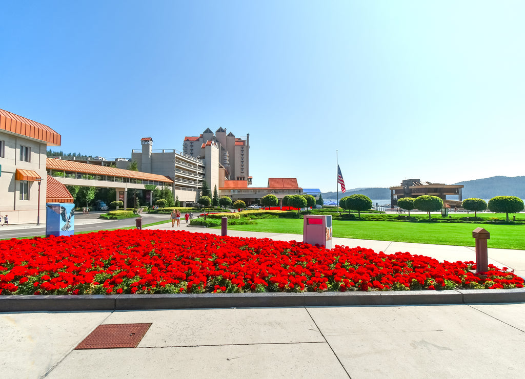 Summer view of the Coeur d'Alene lakeside resort and park along Lake Coeur d'Alene, in the Inland Northwest of North Idaho, USA